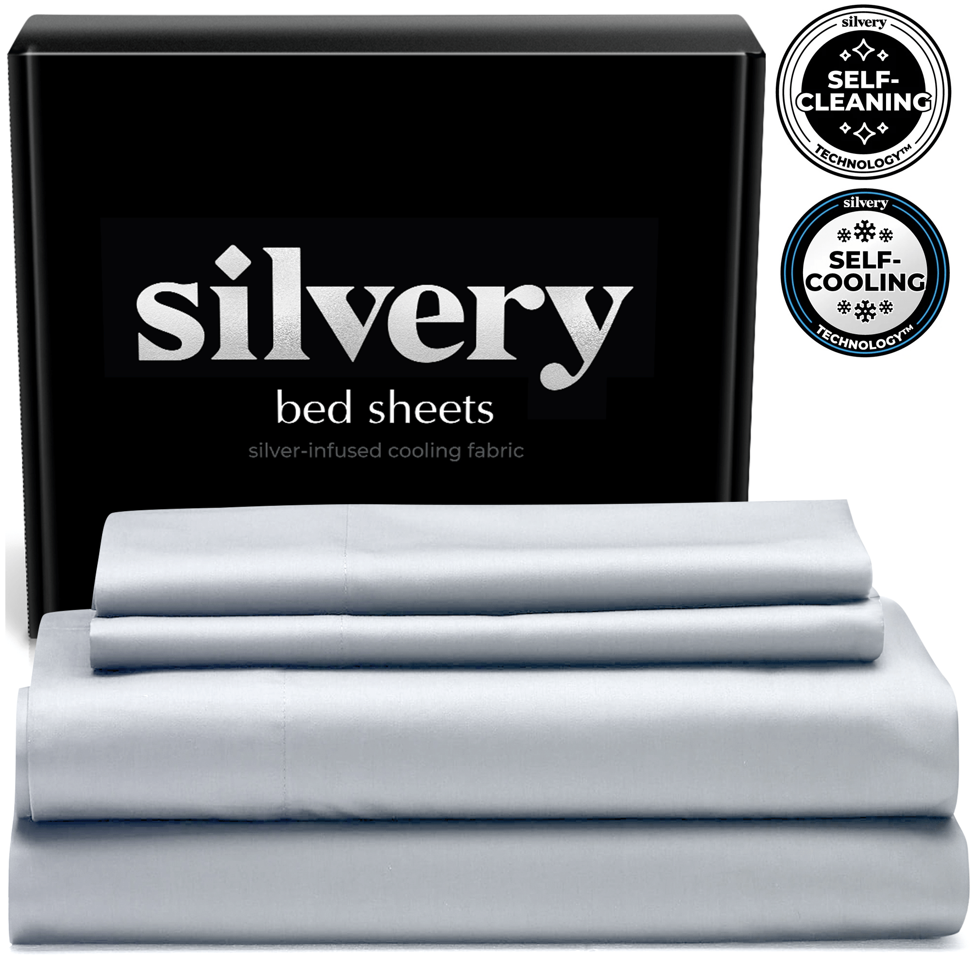 Silver-infused bamboo bed sheets with folded set and packaging displaying 'silvery' brand name.